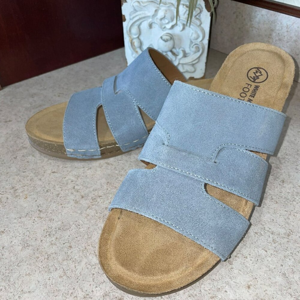 White Mountain Footbeds Womens Blue Suede Slide Sandals With Cork Wedge Sole Siz